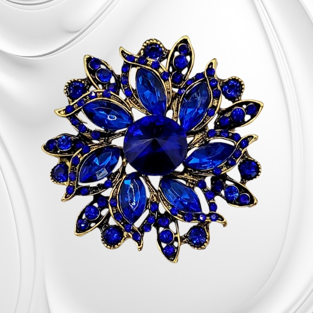 Gold Tone Royal Blue Crystal Floral Brooch New - Picture 2 of 4